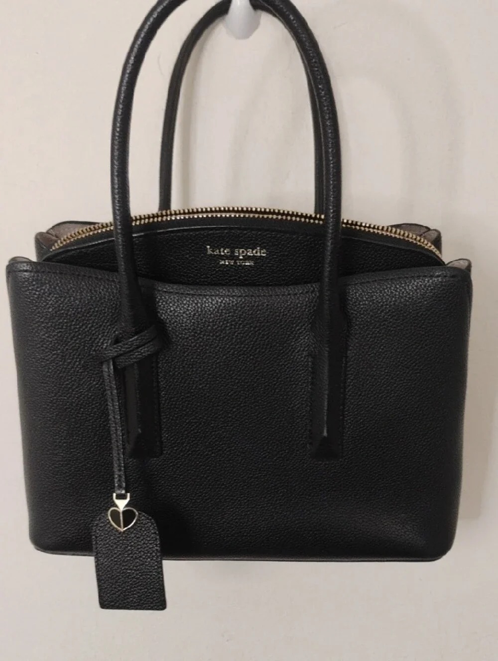 kate spade Small Black Pebbled Leather Structured Tote with ID Charm